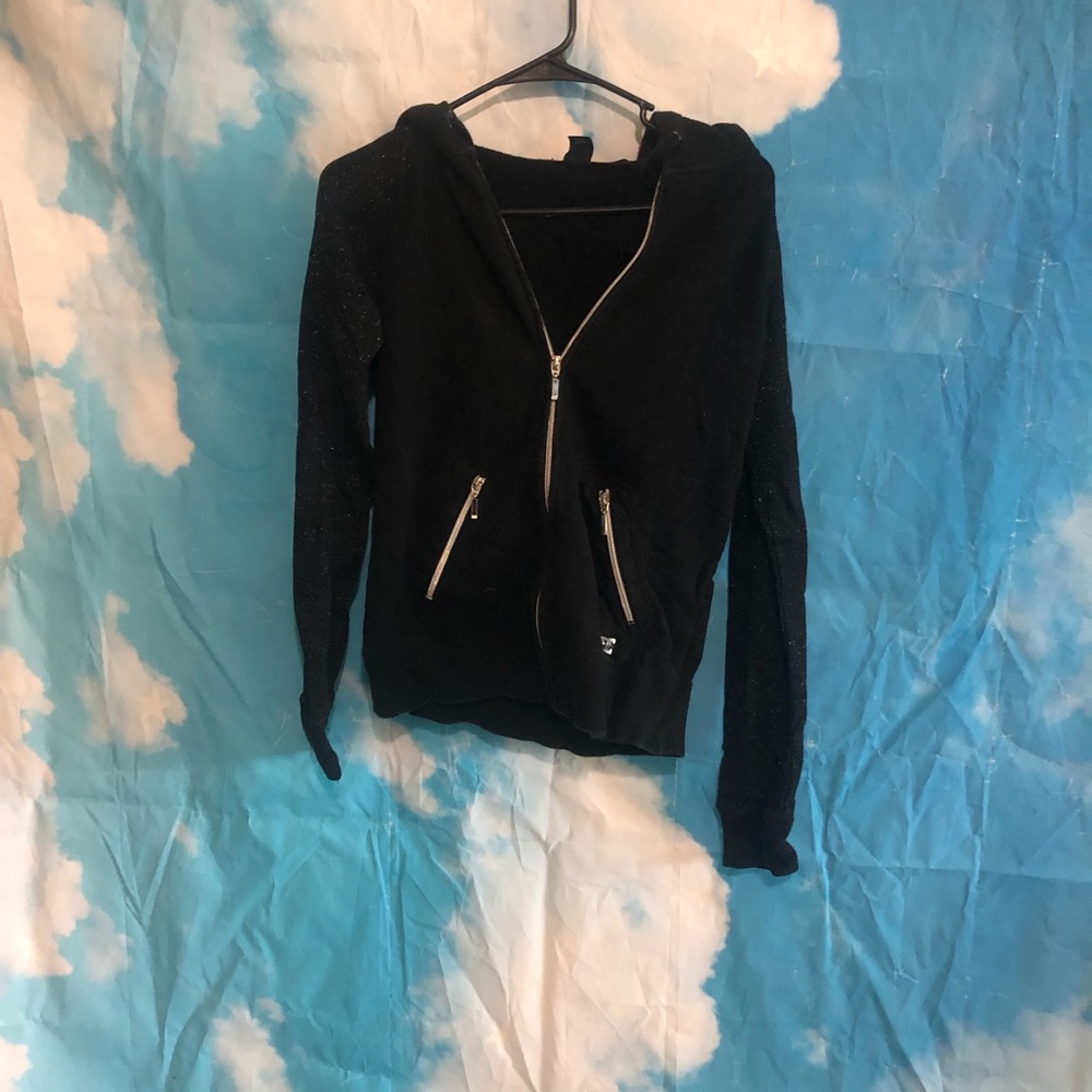 DC black zip up hoodie with sparkles on sleeves and hood